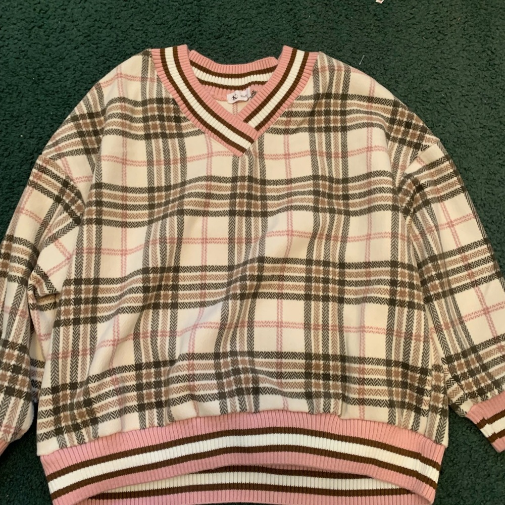V neck plaid sweater pink
